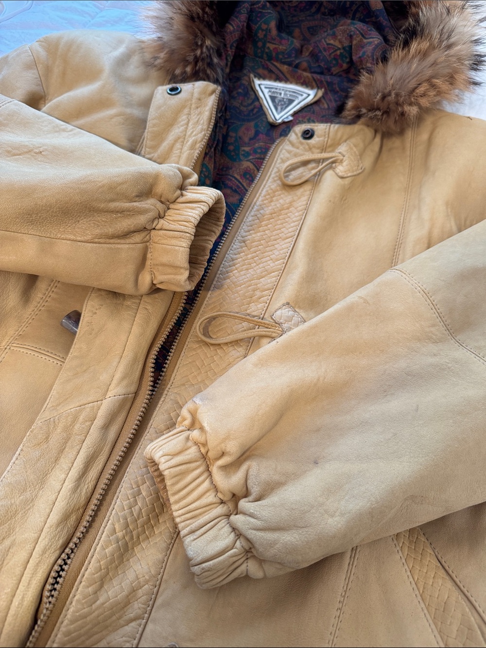 Vintage J. Percy for Marvin Richards Tan Leather Fox fur Hood S - Picture 9 of 10